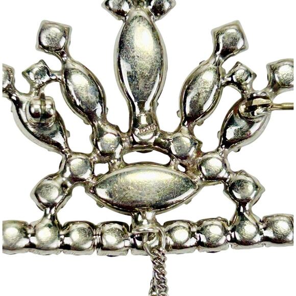 Vintage Sterling Chatelaine Brooch Pin Rhinestone Double Crowns Chains - Picture 6 of 10